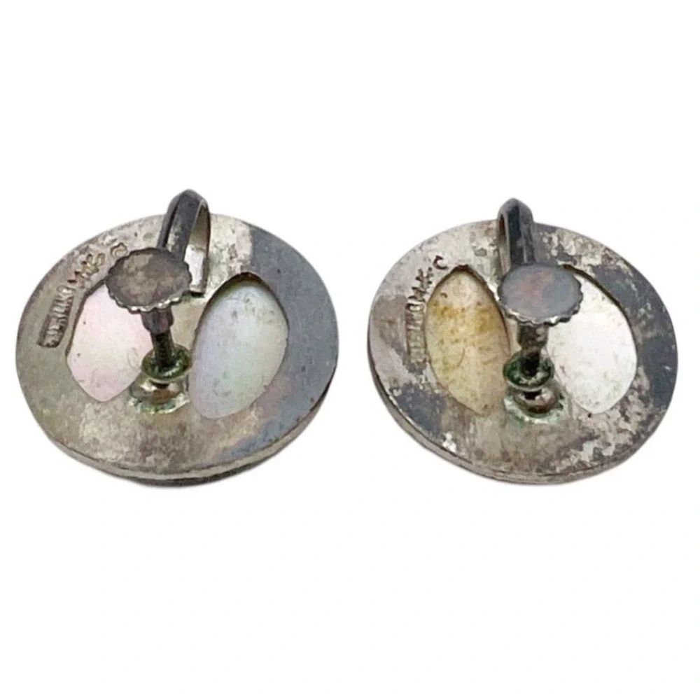 Vintage Chinese Hong‎ Kong Sterling Silver Mother Pearl MOP Earrings Clip On